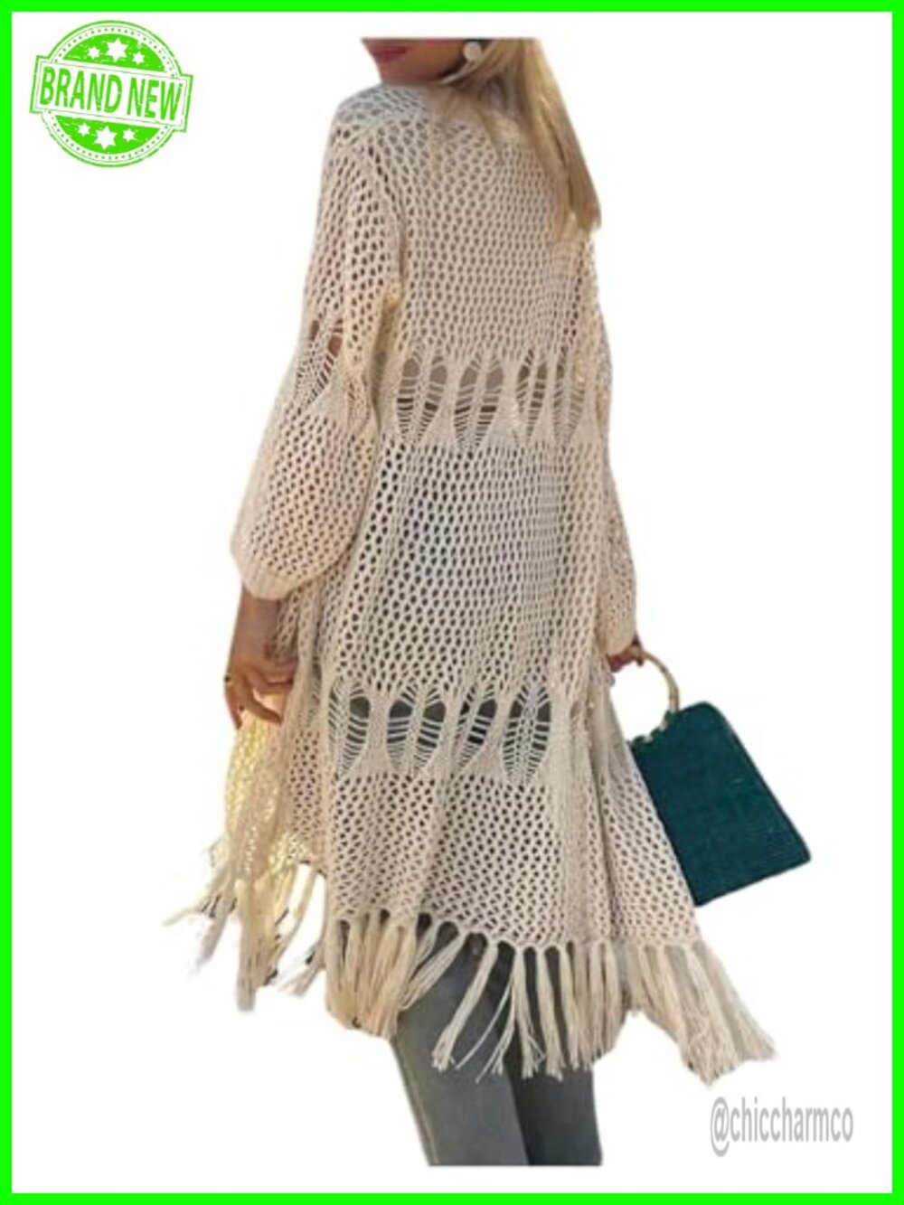 Crochet Cardigan Oversized Long Duster Open Front Fringe Knit